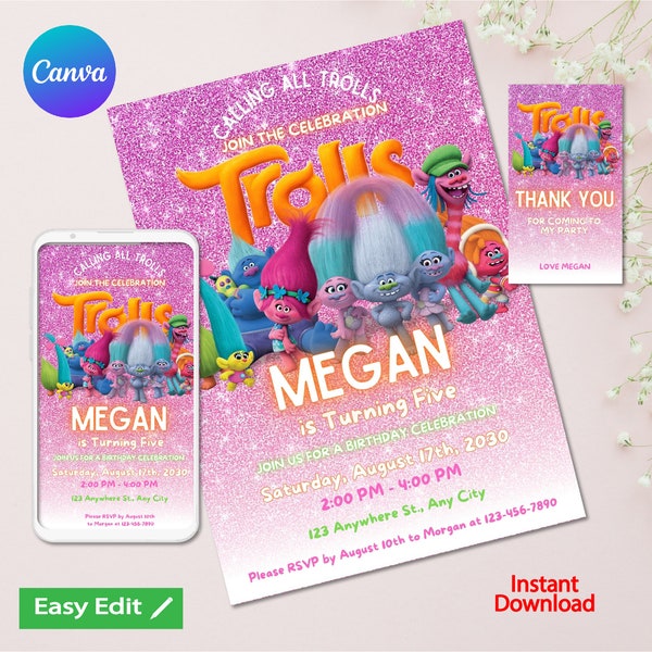 Editable Trolls Poppy Birthday Invitation | Trolls Girls invite, Template Printable, Troll invitation Digital Kids Invite | Instant Download