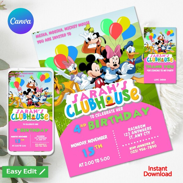 Mickey Mouse Clubhouse Birthday Invitation Girl Digital or Printed Thank You Card Editable Template Instant Download, canva