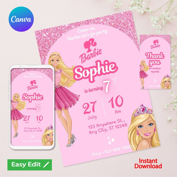 Barbie Birthday Party Invitation | Barbie Doll Birthday | Come on Barbie Lets Go Party Invite | Editable Birthday Invitation | canva
