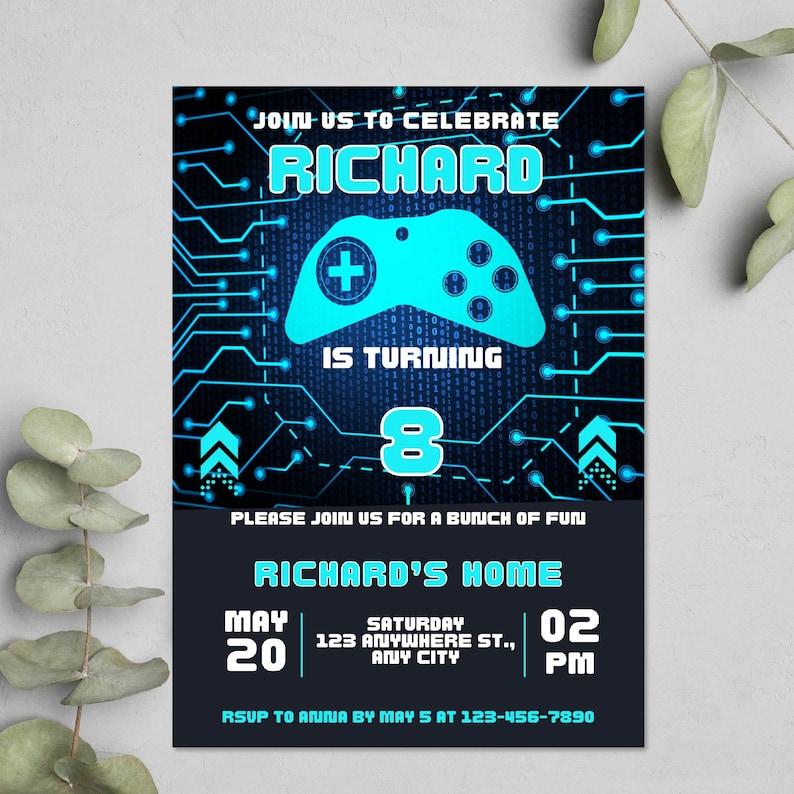 EDITABLE Video Game Party Invitation, Gamer Birthday Invite, Green Glow