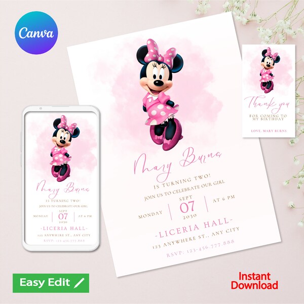 Editable Minnie Birthday Invitation Template, Birthday Party Invitations, Digital Kids Party Invite, Instant Download Evite Bday Card,canva