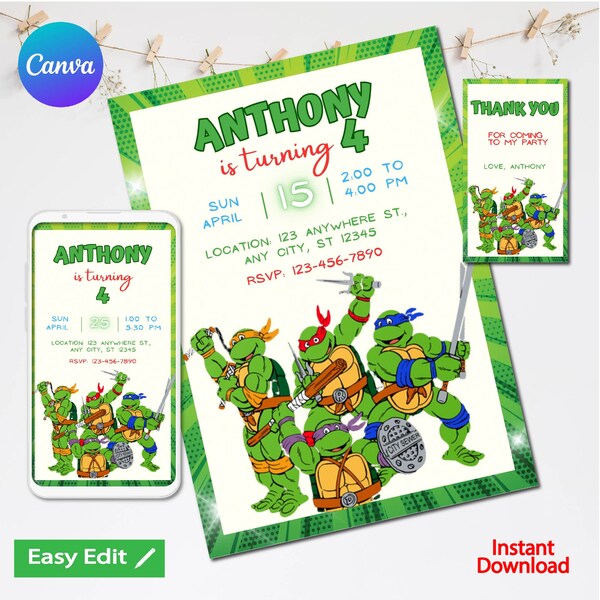 Ninja Turtle Invitation, Ninja Turtle Party Invite, Editable Ninja Turtle Birthday Invitation Template, Ninja Turtle Boys Birthday Invites