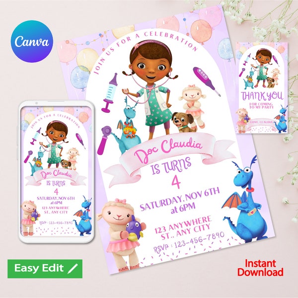 Invitation d'anniversaire de Doc Mcstuffins | Invitation numérique pour enfants | Invitation de fête de fille | Modifiable sur Canvas | Modèle d'anniversaire moderne imprimable