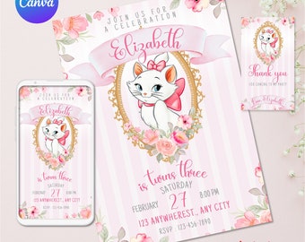 Marie & Aristocats Printable Invitation, Marie Aristocats Invite, Marie Aristocats Birthday Invitation, Party Supplies, canva