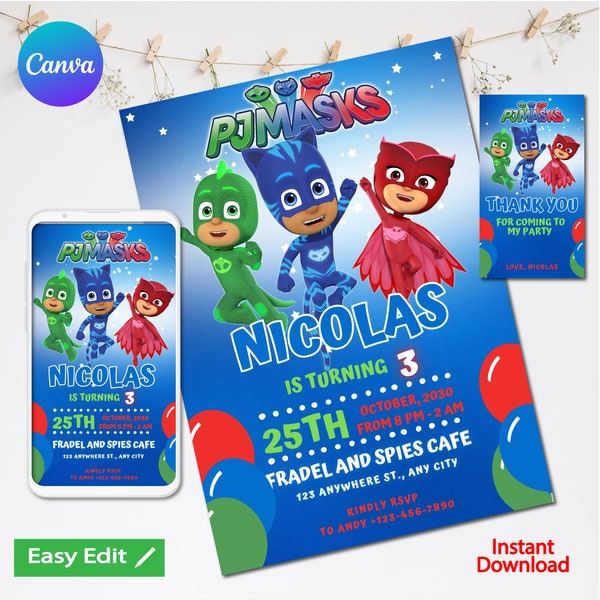 Editable Pj masks Birthday Invitation Template,Digital PJM Party Invite, Printable Kids Party Invite Template, Digital Birthday, canva