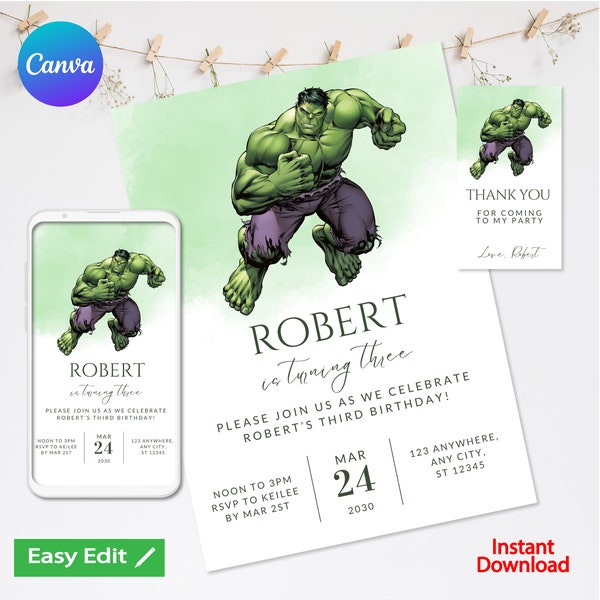 Faire-part d'anniversaire Hulk, l'Incroyable invitation d'anniversaire Hulk, numérique, imprimable, personnalisée carte de remerciement gratuite et verso, toile