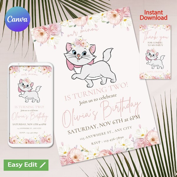 Marie & Aristocats Printable Invitation, Marie Aristocats Invite, Marie Aristocats Birthday Invitation, Party Supplies, canva