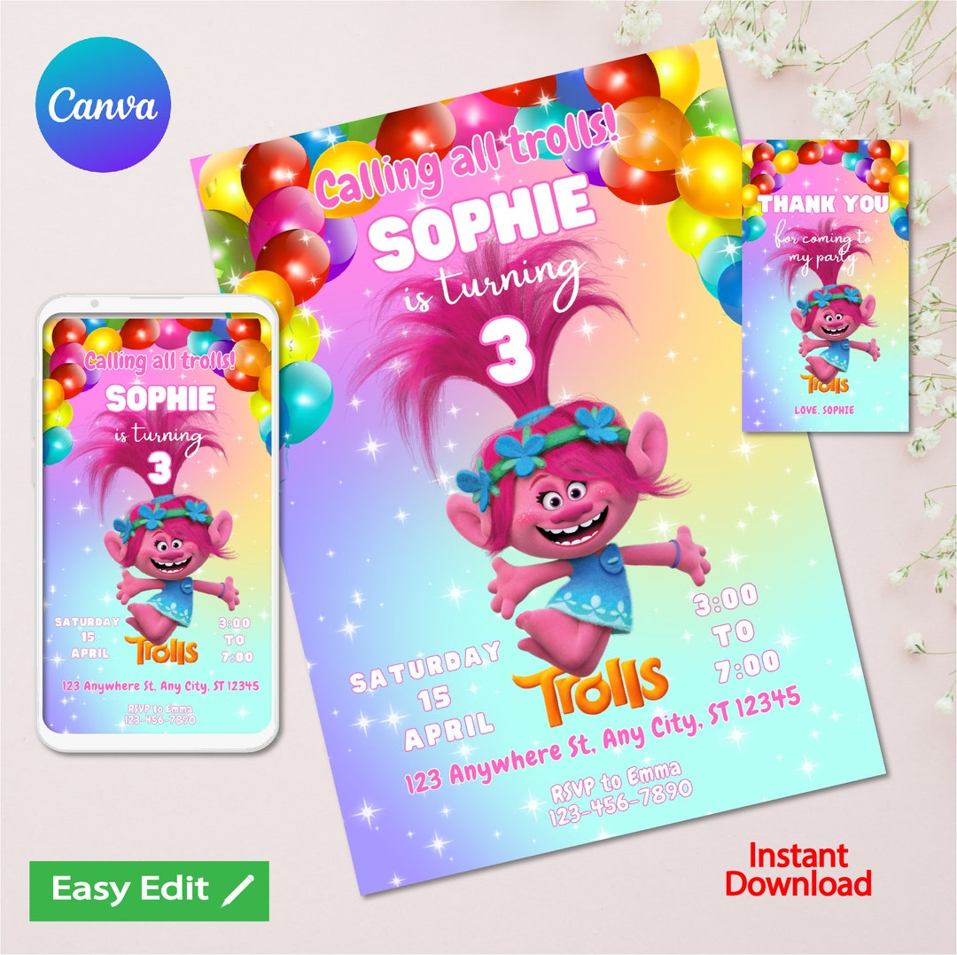 Editable Trolls Poppy Birthday Invitation Trolls Girls Invite Template