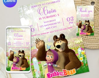 Editable Masha and the Bear Birthday Invitation Template, Printable Birthday Party Invitations, Digital Birthday Party Invitation Card,canva