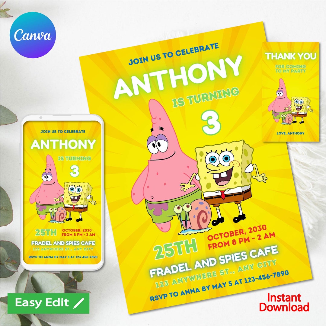 Editable Spongebob Birthday Invitation Sponge Bob Invite Template Printable Party Invitations ...