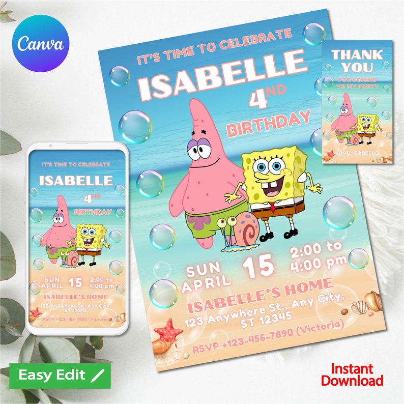 Editable Spongebob Birthday Invitation Sponge Bob Invite Template ...