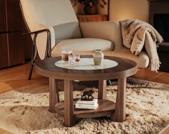 Round Wood Coffee Table 2 Tier Storage