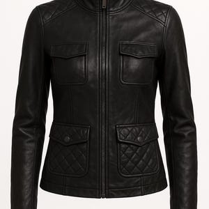 Women&#39;s Black Leather Jacket-Handmade Quilted Real Leather Jacket For Women-Women&#39;s Vintage Style Fitted Leather Coat-Luxury Gift For Her
