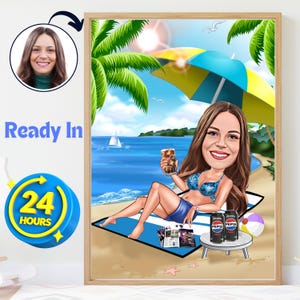 Caricatura personalizada de mujer en la playa a partir de una foto / Retrato de vacaciones personalizado / Regalo de arte de pared para el hogar para ella / Caricatura digital