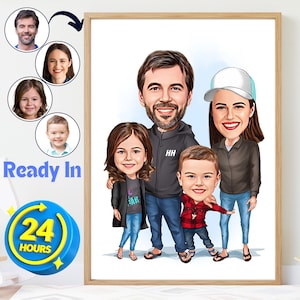 Caricatura familiar a partir de una foto / Arte mural con retrato personalizado / Regalo divertido para la familia / Caricatura digital única de aniversario