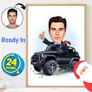 Custom Jeep Lover gift For Men Caricature from Photo Jeep Lover Dad Portrait Office Wall Art Gift for Him Digital Cartoon Personalized Gift