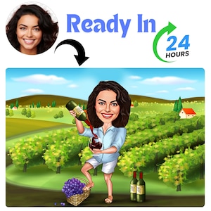 Custom Women Gifts Caricature from Photo Gift for her Custom Portrait Birthday Personalized Gift wine Vacation Drawing vineyard worker