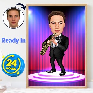 Caricatura personalizada de saxofonista a partir de foto / Retrato personalizado de dibujos animados / Regalo de arte de pared único para papá / Caricatura digital