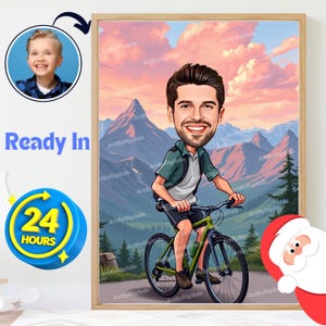 Caricature de vélo de montagne à partir d'une photo, portrait cadeau amateur de vélo, cadeau d'art mural cycliste pour lui, cadeau personnalisé vélo personnalisé