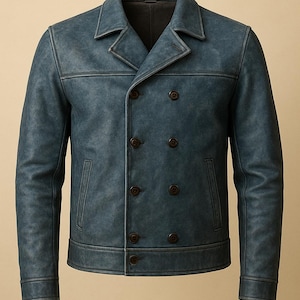 Men&#39;s Blue Leather Jacket-Handcrafted Men&#39;s Leather Jacket-Genuine Sheepskin Leather Jacket For Men-Men&#39;s Casual Wear Biker Style Jacket