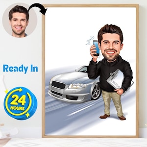 Custom Auto Dealer Caricature from Photo Personalized Funny Digital Portrait Unique Funny Birthday Gift for Car lover wall art