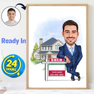 Personalized Realtor Cartoon from Photo | Custom Real Estate Agent Caricature Wall Art Gift for Him