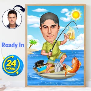Caricatura personalizzata di un pescatore da un cartone animato con foto, regalo per lui, ritratto personalizzato, regalo di compleanno, disegno di una barca, cartone animato, spiaggia