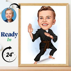 Vechtsporten Karikatuur van het kind van foto Kindermuurkunst Verjaardagscadeau voor hem Gepersonaliseerde cadeaus Karate- of judoliefhebber cadeaus Cartoon van foto