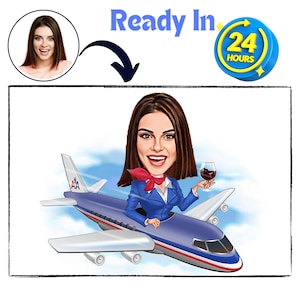 Custom Flight Attendant Caricature Funny Female Pilot Stewardess Air Hostess Digital Download Unique Birthday Gifts for He Photo to Cartoon
