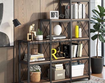 Farmhouse Corner Bookshelf L Shaped Bookcase Industrial 9 Cube Storage Shelf