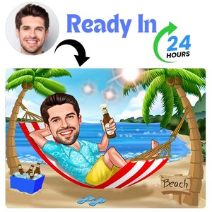 Custom Man on Beach Caricature from Photo | Custom Dad Vacation Portrait | Outdoor Wall Art Gift for Him | Personalized Gifts