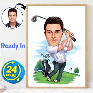 Gepersonaliseerde golfspeler man karikatuur van foto Gepersonaliseerde golfspeler cartoon tekening grappig verjaardagscadeau muurkunst voor mannen