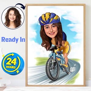 Dibujo animado de una ciclista personalizada a partir de una foto / Regalo de Navidad caprichoso / Regalo para ella Deportes al aire libre