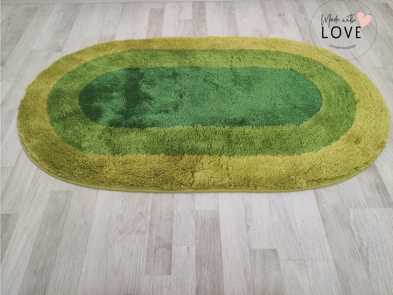 Green Fluffy Rug, Oval Bath Rug, Aesthetic Bedroom Rug, Housewarming