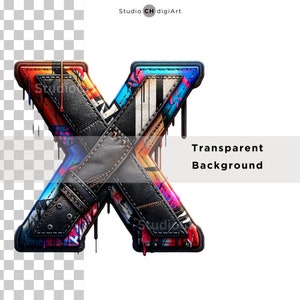 May include: A colorful, multi-layered letter X made of leather and fabric with dripping paint. The letter is against a white background.