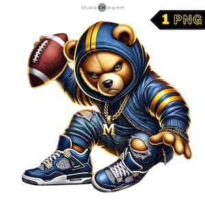 Ours de football hip hop PNG, Clipart ours en peluche football américain, maillot de Football américain, Football américain PNG - bleu marine et jaune équipe #02