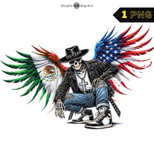 Mexican American Clipart, Cowboy Skeleton PNG, Halloween Skeleton, Mexican American Flag Wing, Sombrero PNG, 3D Mexican American,#02