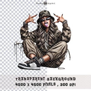 May include: Digital art of a person wearing a camouflage bucket hat, sunglasses, and a matching hoodie and cargo pants. The person is sitting with their legs crossed, showing a tongue piercing and making a rock and roll hand gesture. Black and white sneakers complete the look.