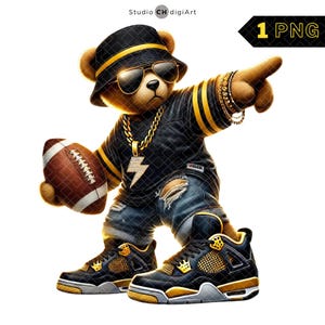 Ours de football hip hop PNG, Clipart ours en peluche football américain, maillot de Football américain, Football américain PNG - noir et or équipe #01