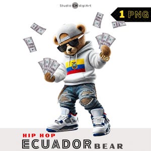 Hip Hop Ecuador Bär Clipart, 3D Junge Teddybär PNG, Bär wirft Geld, Ecuador Flagge Teddy, Ecuador Flagge PNG, Ecuador PNG, reicher Bär, # 04