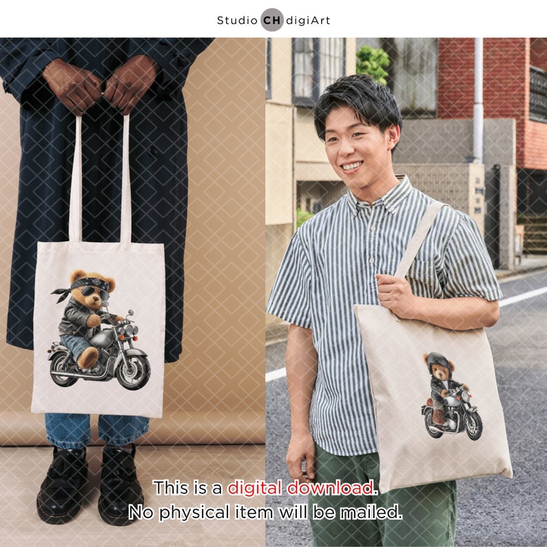 May include: A white tote bag with a design of a teddy bear wearing sunglasses and riding a motorcycle. The bag has black straps and is being held by a person.