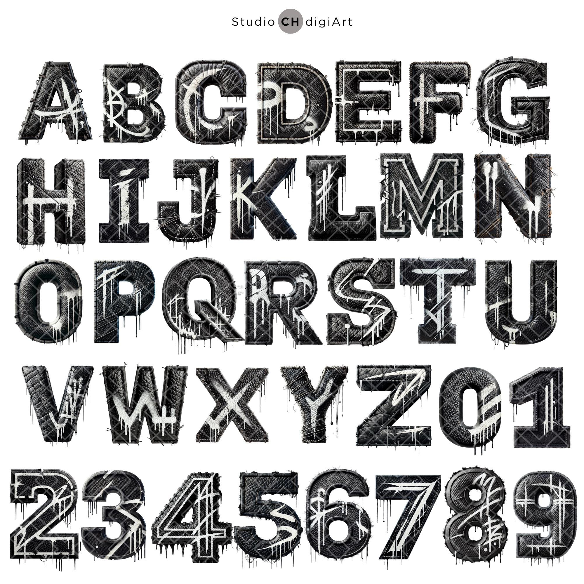 Black and White Graffiti Alphabet Letters & Numbers, Leather