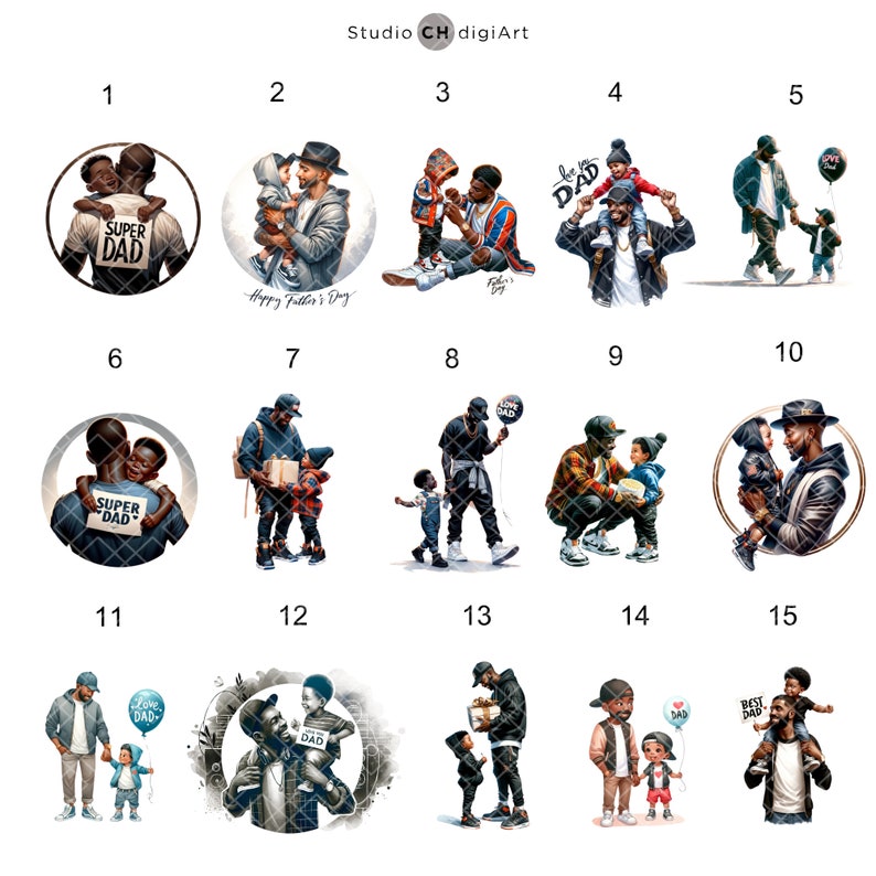 May include: A collage of 15 illustrations featuring fathers and their children. The illustrations are in a cartoon style and depict various scenes of fatherhood, such as playing, reading, and spending time together. The illustrations are all in a warm and loving tone.