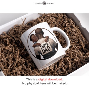 May include: White ceramic mug with a black and brown illustration of a father and son. The son is holding onto the father's back and the father has a sign on his back that says "SUPER DAD".