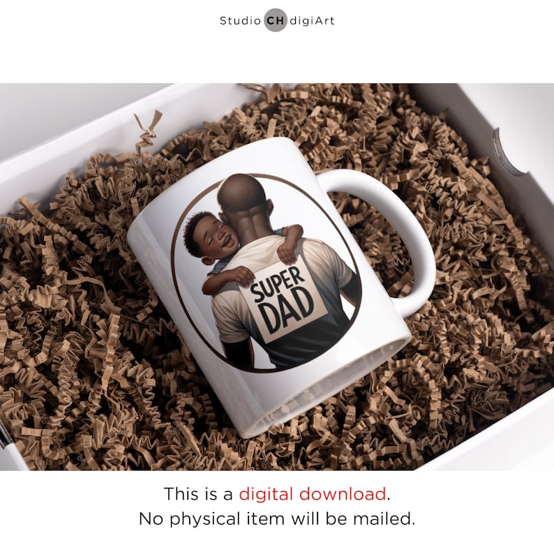 May include: White ceramic mug with a black and brown illustration of a father and son. The son is holding onto the father's back and the father has a sign on his back that says "SUPER DAD".