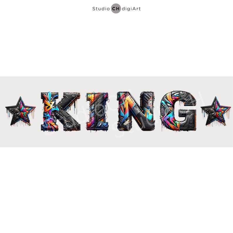 May include: A colorful and abstract graphic design of the word "KING" with stars on either side. The letters are made of black, white, blue, red, yellow, and green.