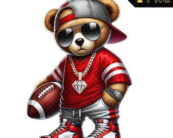 Hip Hop Football Bear PNG, American Football Teddy Bear Clipart, American Football Shirt, American Football PNG - Red and Gray Team #10