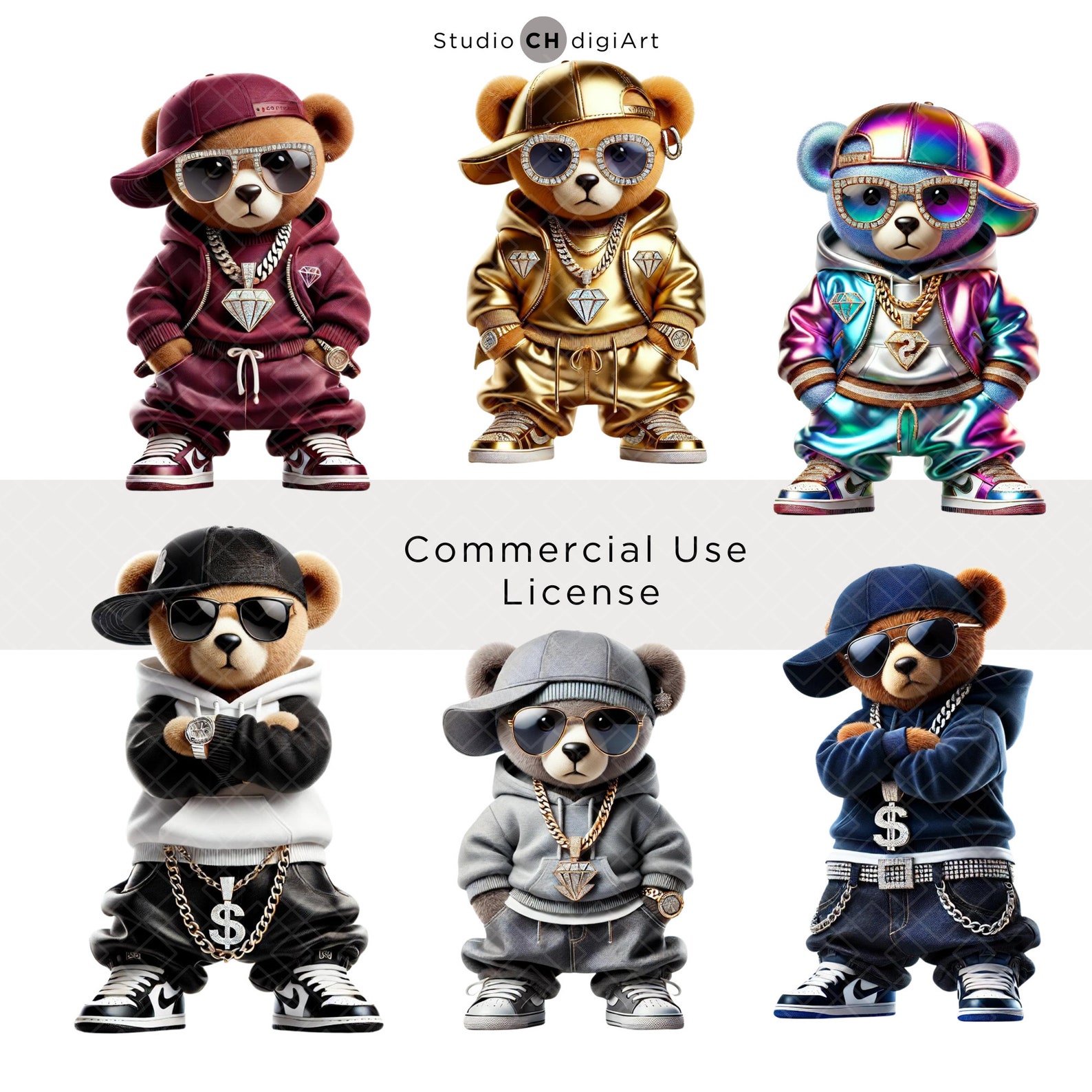3D Hip Hop Bear Clipart, 12 High Quality PNG Files, 3D Teddy Bear ...