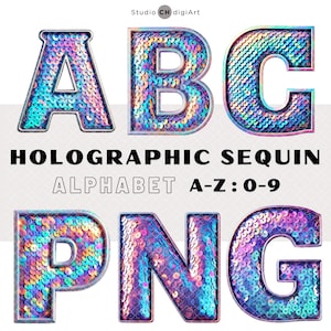 May include: Holographic sequin alphabet letters A, B, C, P, N, and G. The letters are iridescent and have a rainbow effect. The letters are in a bold, blocky font.