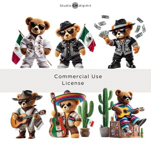May include: Five teddy bears dressed in different outfits, including a white suit, a black suit, a sombrero and poncho, and a cowboy hat and bandana. The bears are holding musical instruments and Mexican flags.